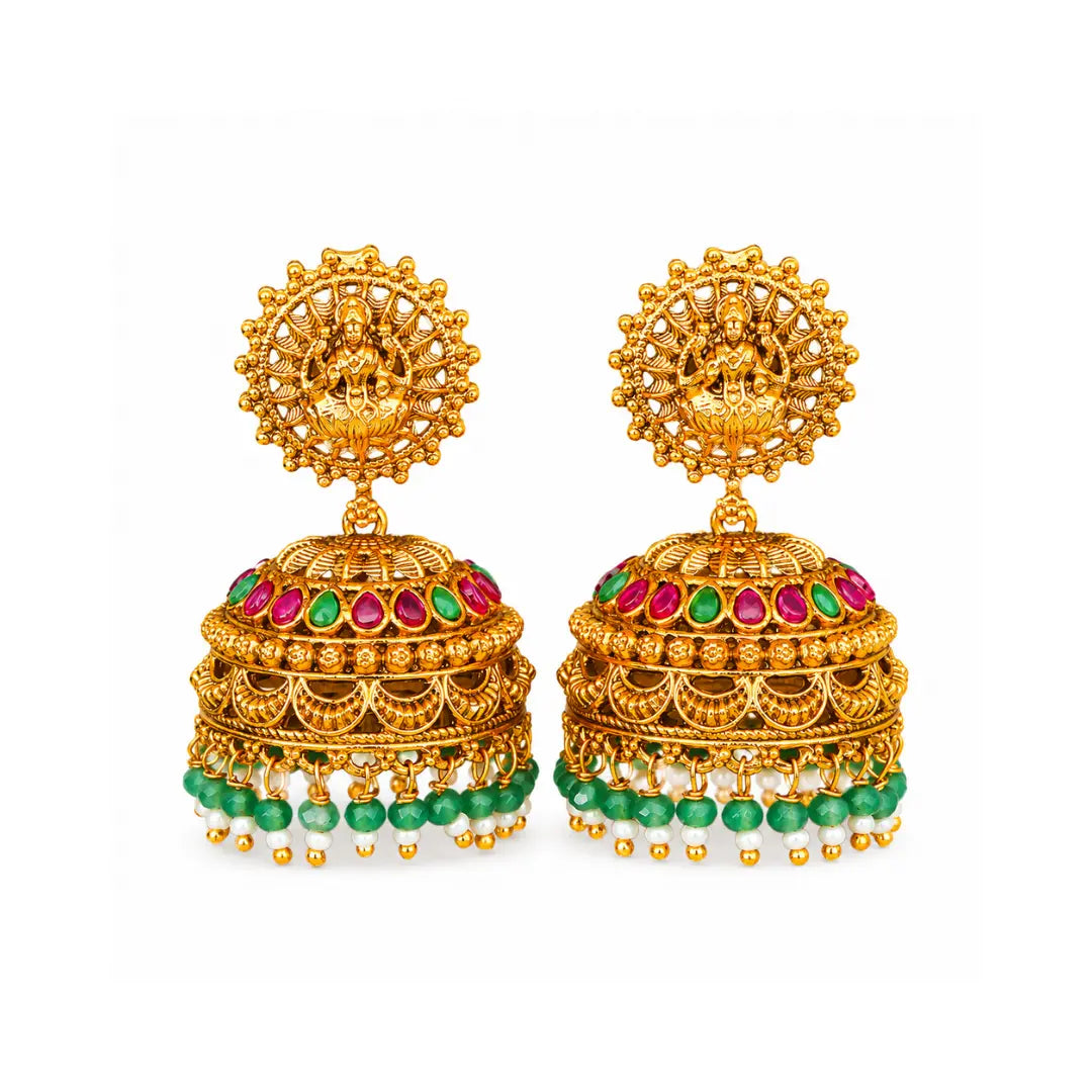 Antique Laxmi Temple Jhumka with Green Beads R-2230