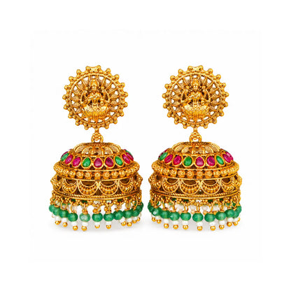 Antique Laxmi Temple Jhumka with Green Beads R-2230