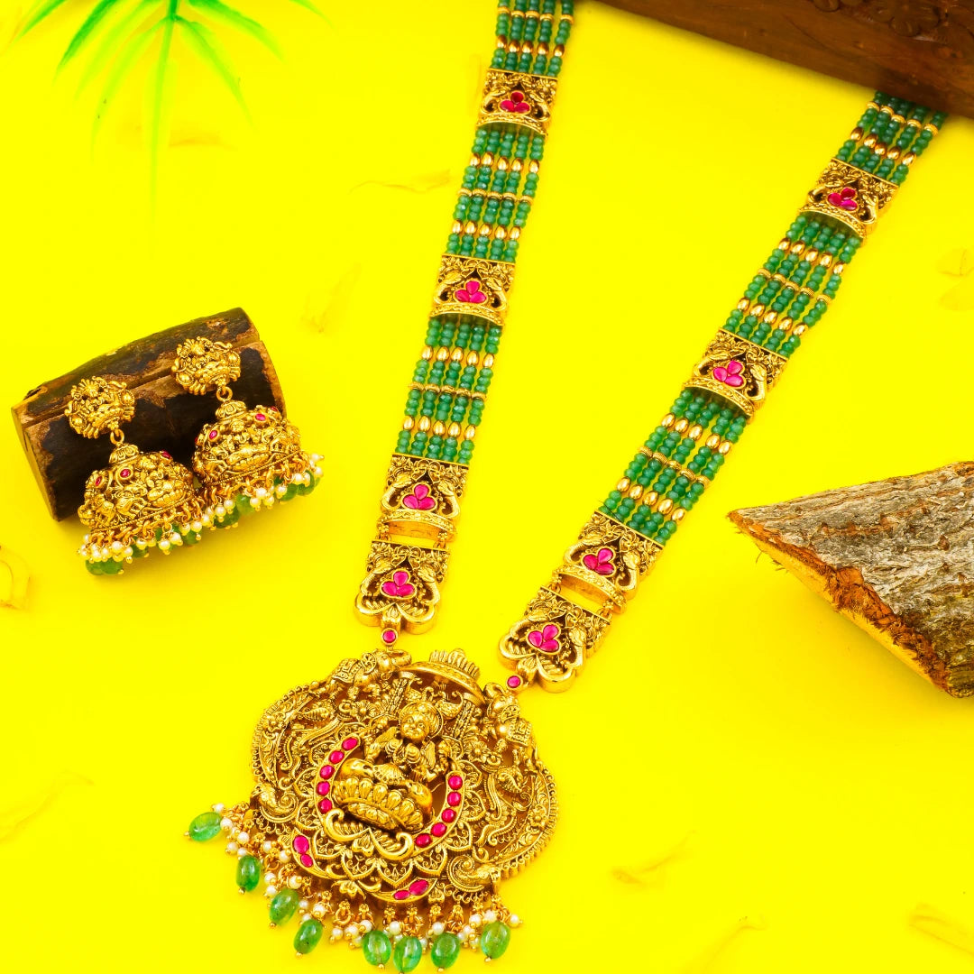 Temple Jewellery Pendant Set with Laxmi Design | Gold Plated Bridal Style