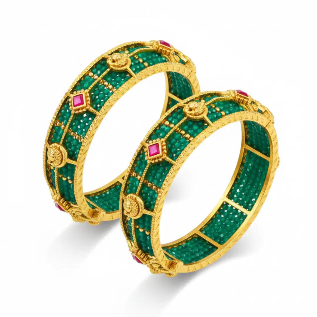 Swarna Pushpa Kaappu Paired Bangle | Gold-Plated Golden Flower Temple Bangle J-1118