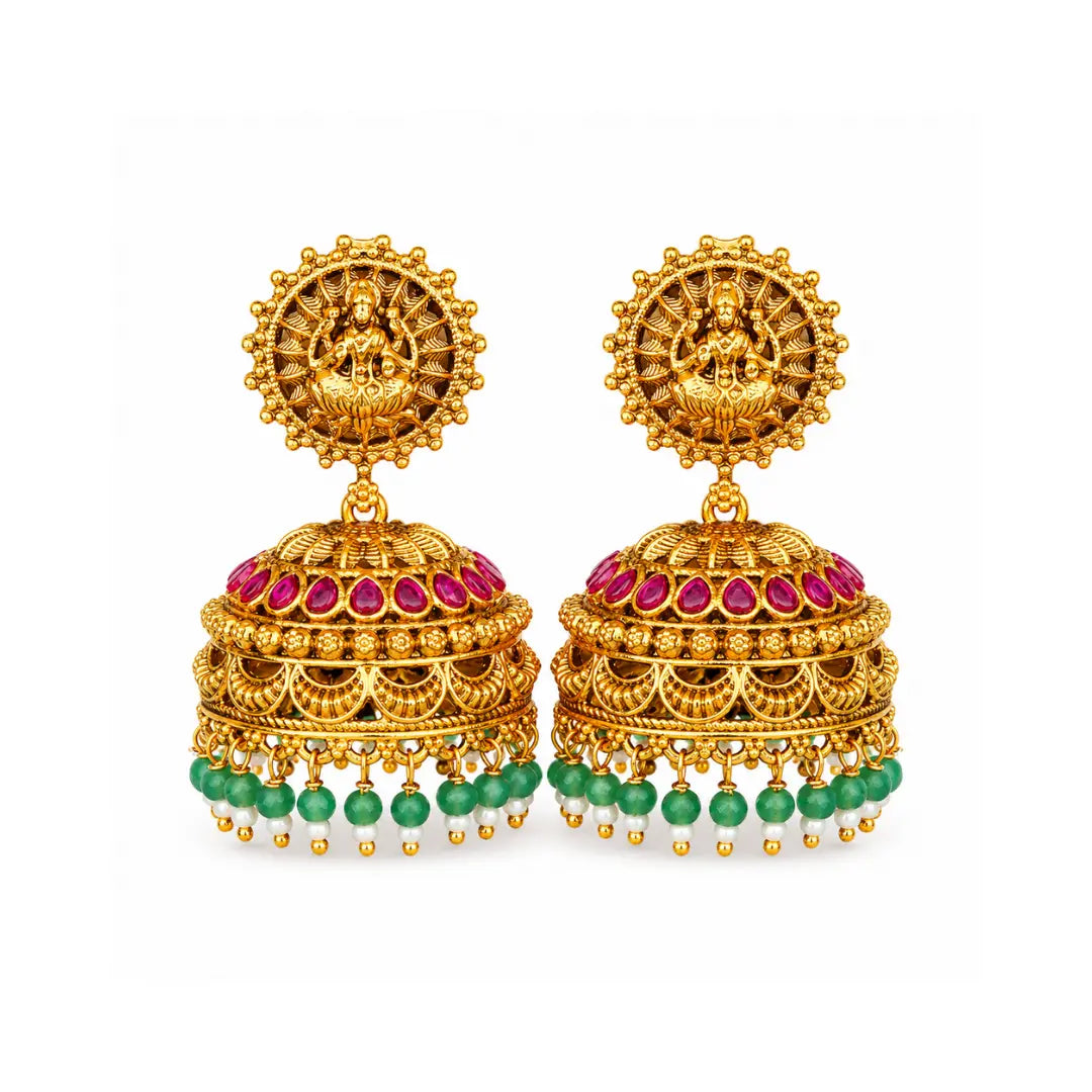 Antique Laxmi Temple Jhumka with Green Beads R-2230