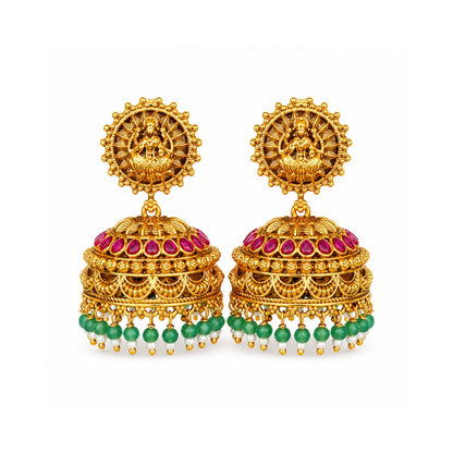 Antique Laxmi Temple Jhumka with Green Beads R-2230