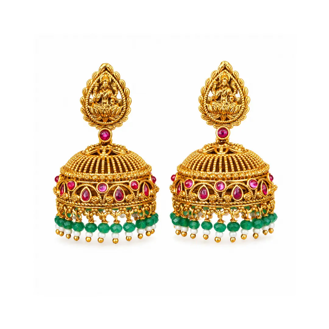 Antique Temple Jhumkas with Green Beads  R-2229