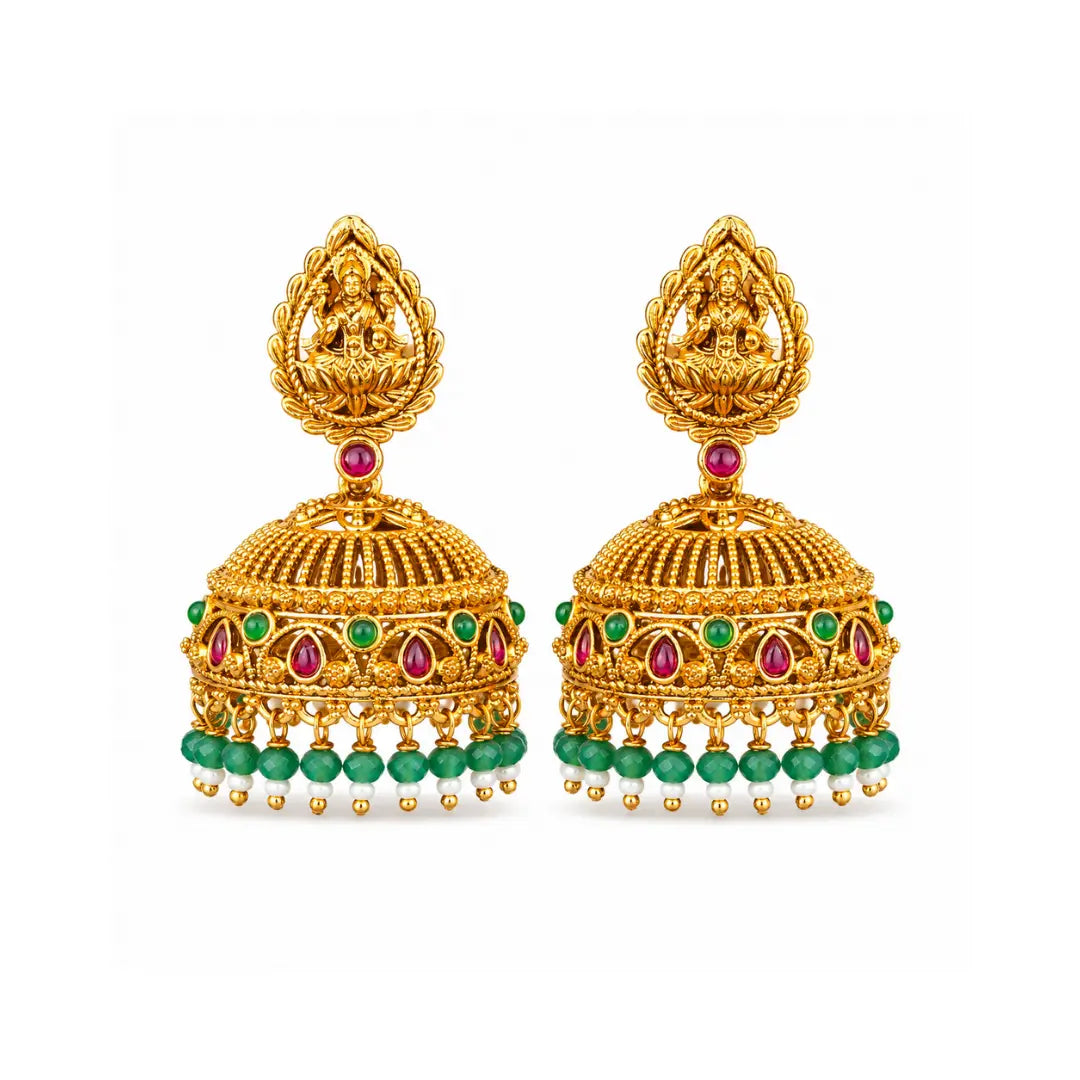 Antique Temple Jhumkas with Green Beads  R-2229
