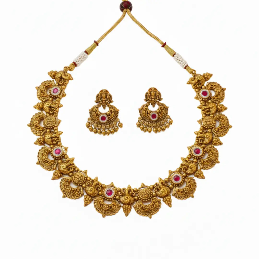 Antique Gold Temple Necklace Set | South Indian Bridal J-936