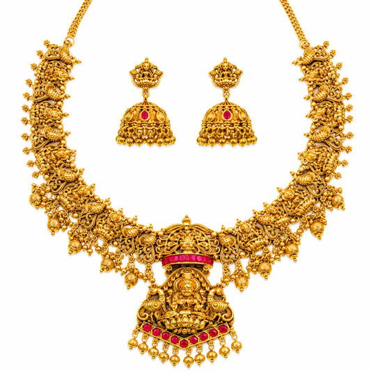 Abha Lakshmi Temple Jewellery Pendant Short Necklace Set