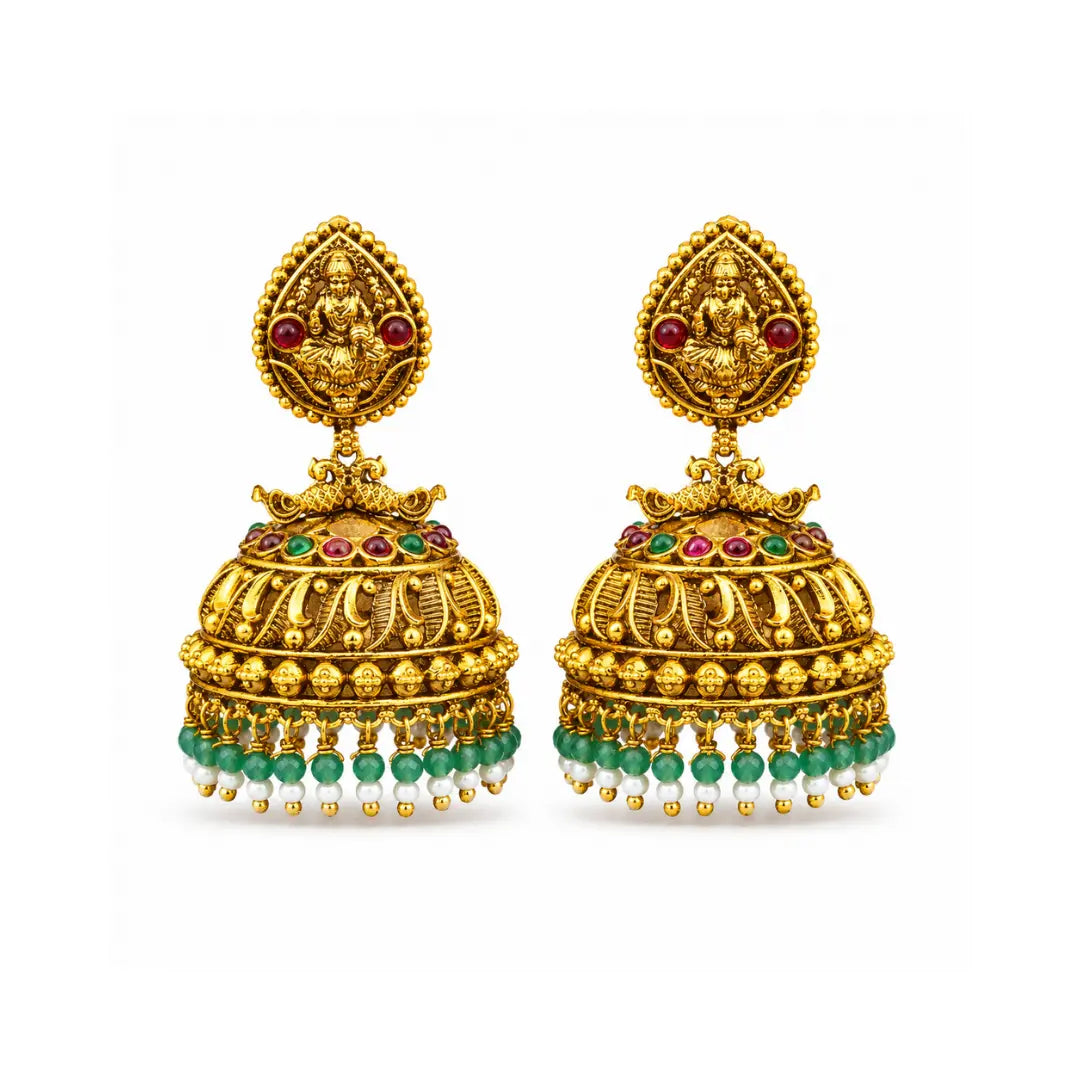 Antique Gold-Plated Laxmi Jhumka with white and green motif R-2025