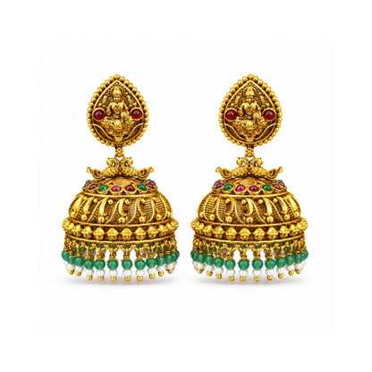 Antique Gold-Plated Laxmi Jhumka with white and green motif R-2025