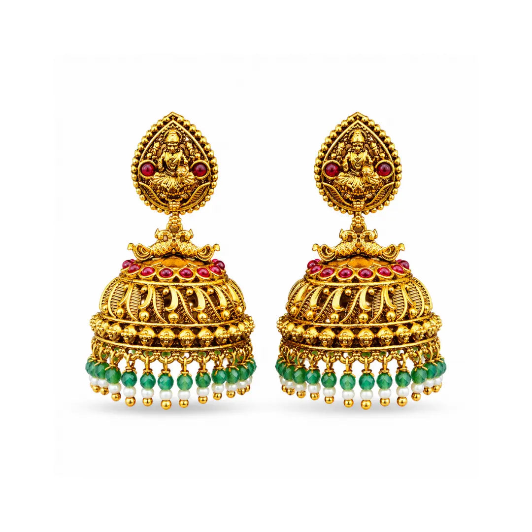 Antique Gold-Plated Laxmi Jhumka with white and green motif R-2025