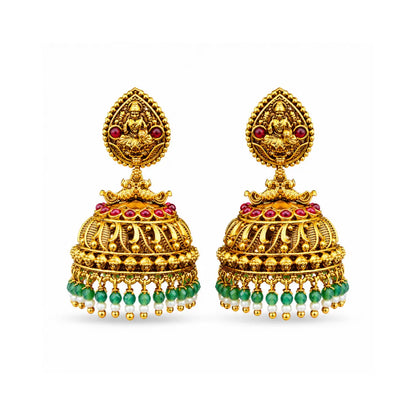 Antique Gold-Plated Laxmi Jhumka with white and green motif R-2025