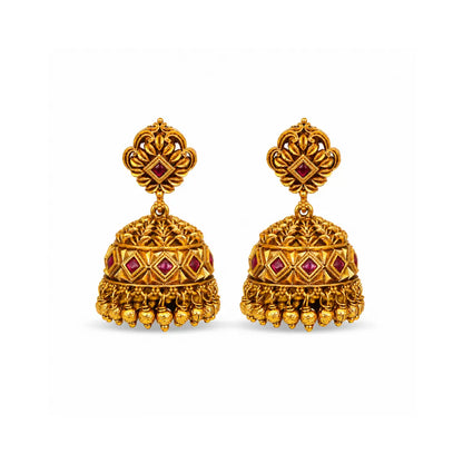 Minimal Gold Temple Jhumkas – Lightweight Ruby Accent Earring R-1156
