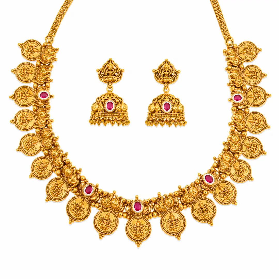 Lakshmi Kasu Temple Jewellery Short Necklace Set with Coin Design J-938