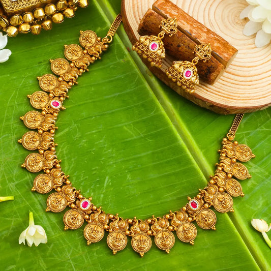 Lakshmi Kasu Temple Jewellery Short Necklace Set with Coin Design