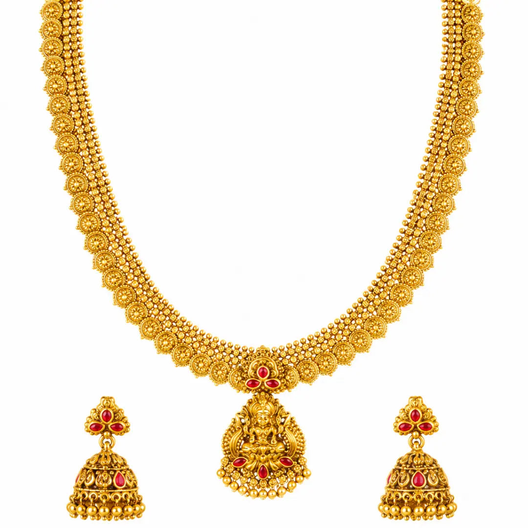 Antique Pachi Swarna Haar Long Necklace Set | Gold-Plated Temple Jewellery