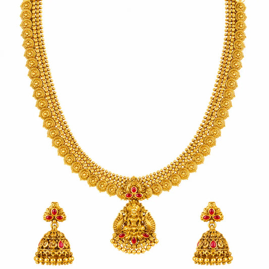 Antique Pachi Swarna Haar Long Necklace Set | Gold-Plated Temple Jewellery