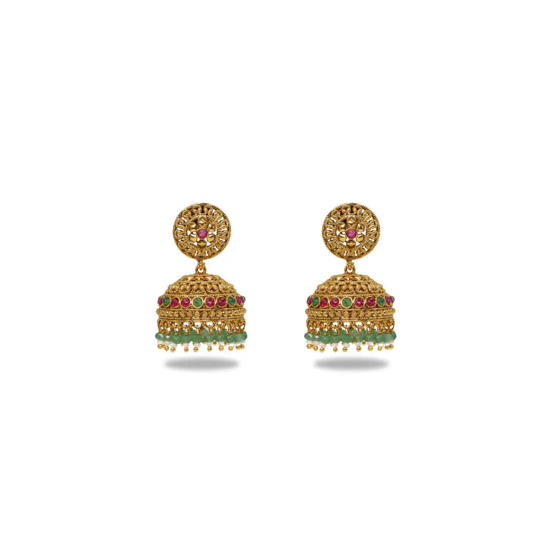 Antique Gold Look Jhumkas with Pink Detailing & Green Beads R-2232
