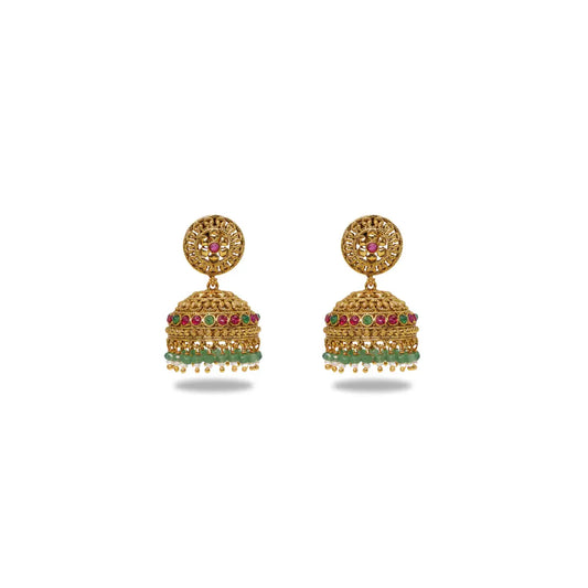 Antique Gold Look Jhumkas with Pink Detailing & Green Beads R-2232
