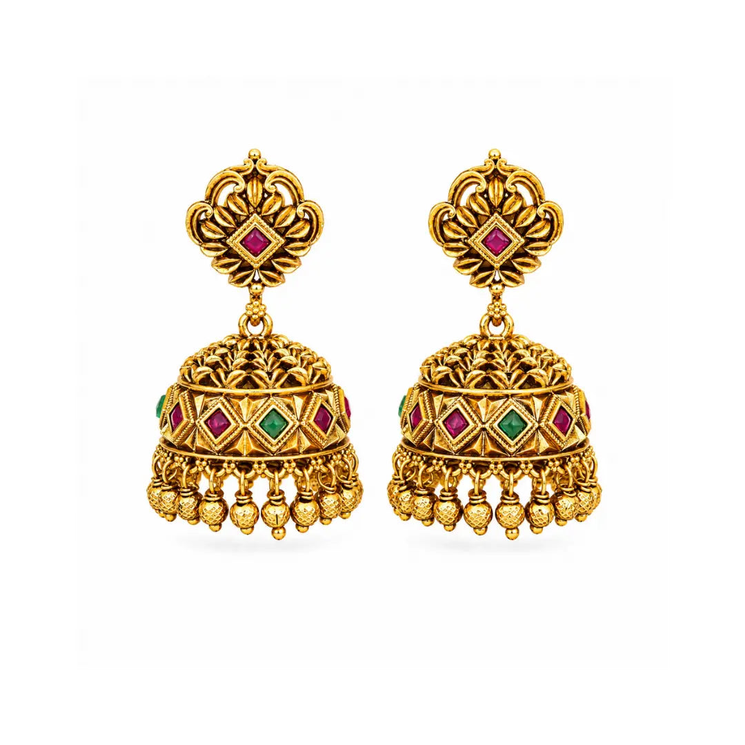 Minimal Gold Temple Jhumkas – Lightweight Ruby Accent Earring R-1156