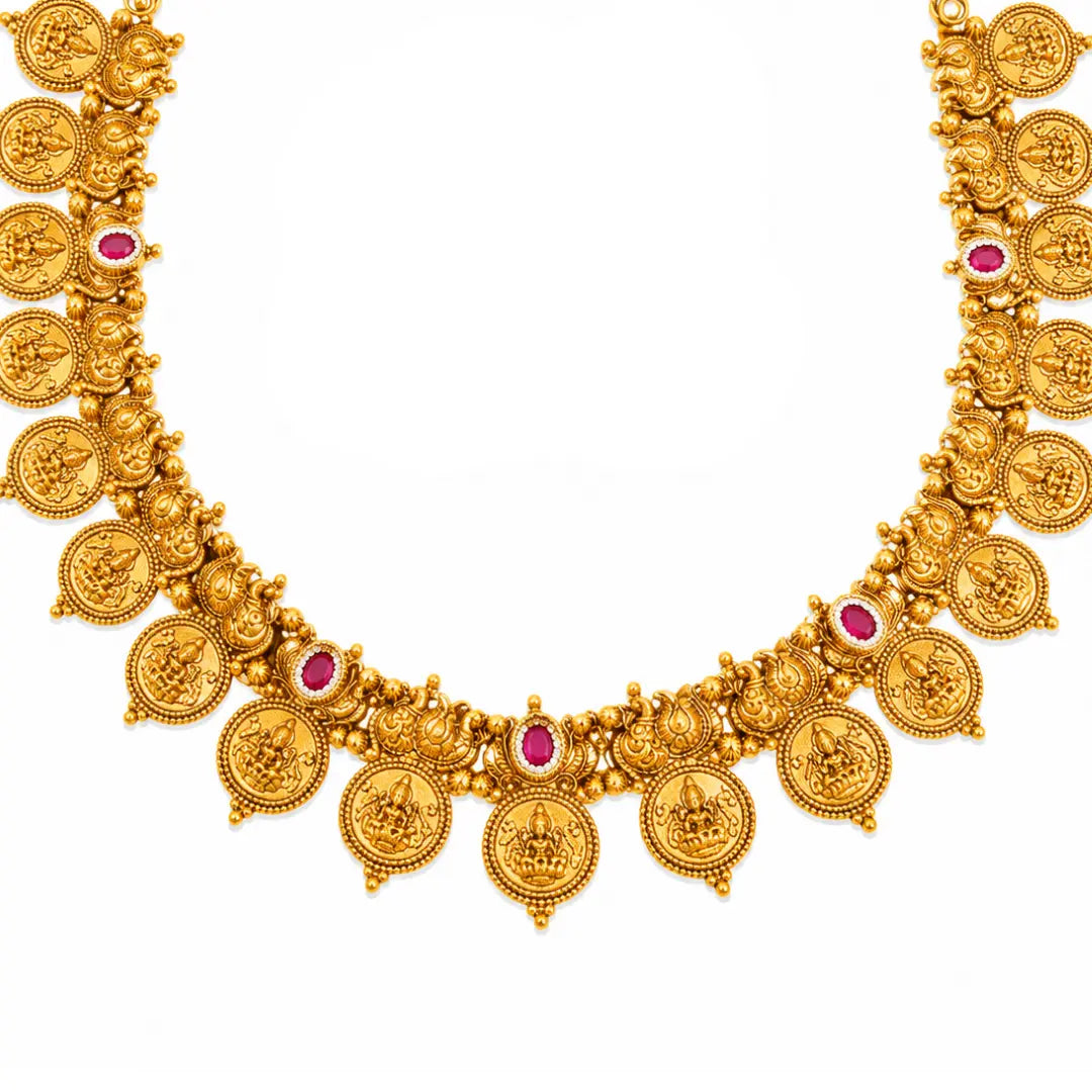 Lakshmi Kasu Temple Jewellery Short Necklace Set with Coin Design J-938