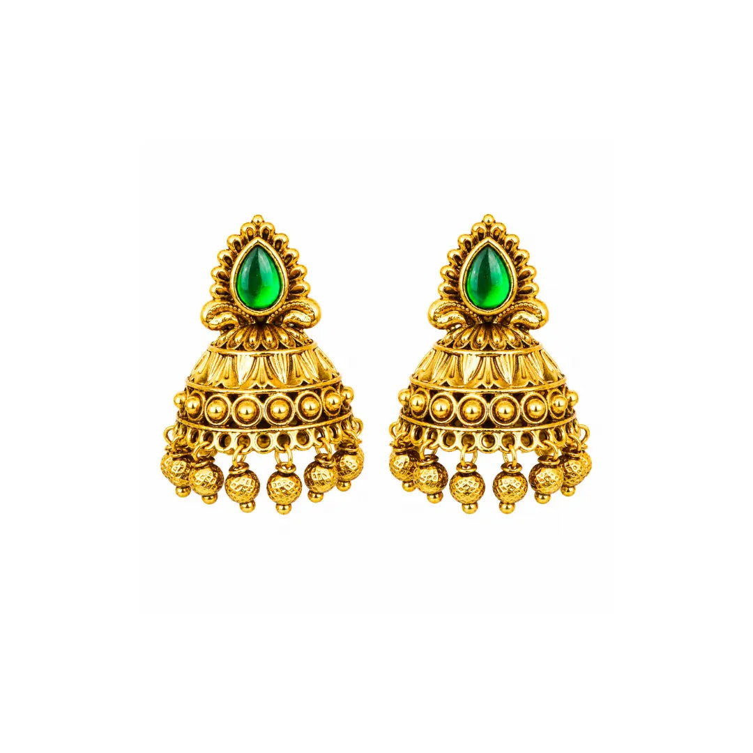 Antique Gold Plated Jhumka with Red Stone Detailing V-1663