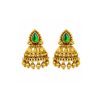 Antique Gold Plated Jhumka with Red Stone Detailing V-1663