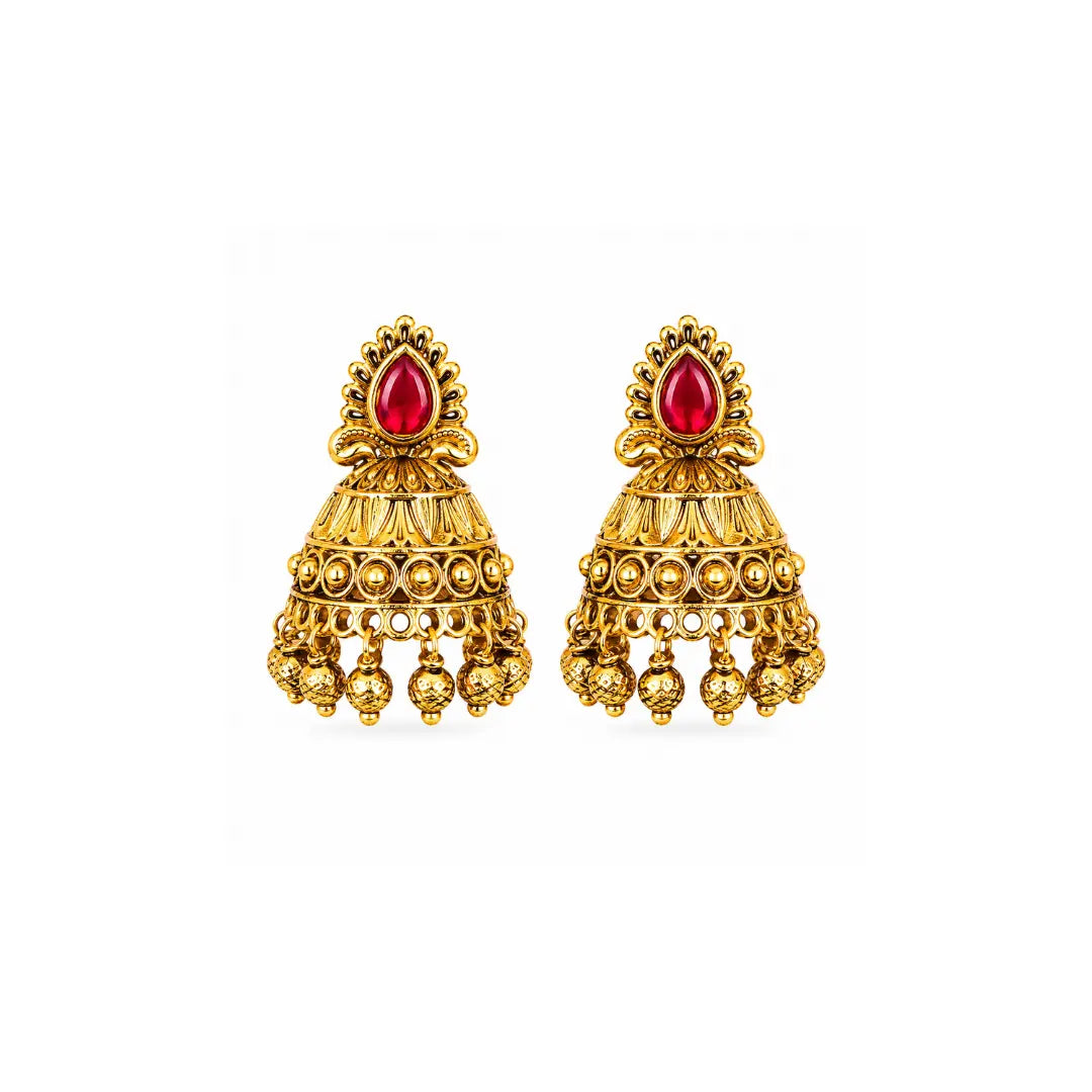 Antique Gold Plated Jhumka with Red Stone Detailing V-1663