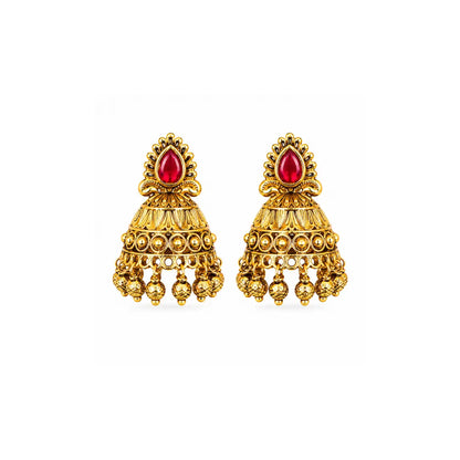 Antique Gold Plated Jhumka with Red Stone Detailing V-1663