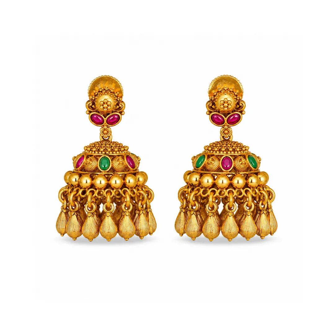 Trendy Minimalist Temple Jhumkas – Antique Gold Ruby Drop Design T-72