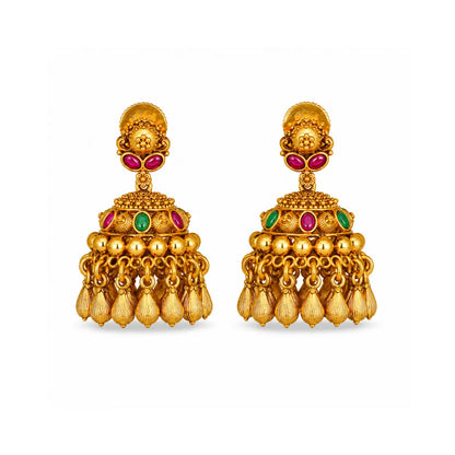 Trendy Minimalist Temple Jhumkas – Antique Gold Ruby Drop Design T-72