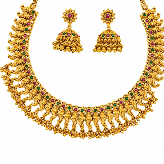 Mayura Dwiranga Temple Jewellery Short Necklace Set with Dual Tone