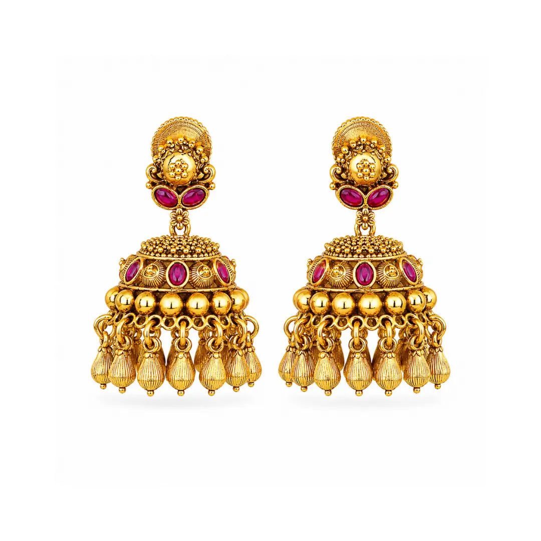 Trendy Minimalist Temple Jhumkas – Antique Gold Ruby Drop Design T-72