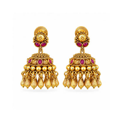Trendy Minimalist Temple Jhumkas – Antique Gold Ruby Drop Design T-72