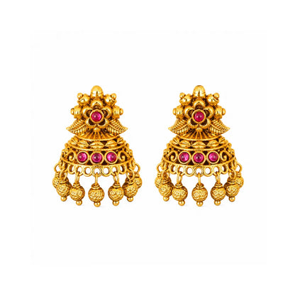 Antique Gold Plated Temple Jhumka with Floral Motif R-2263
