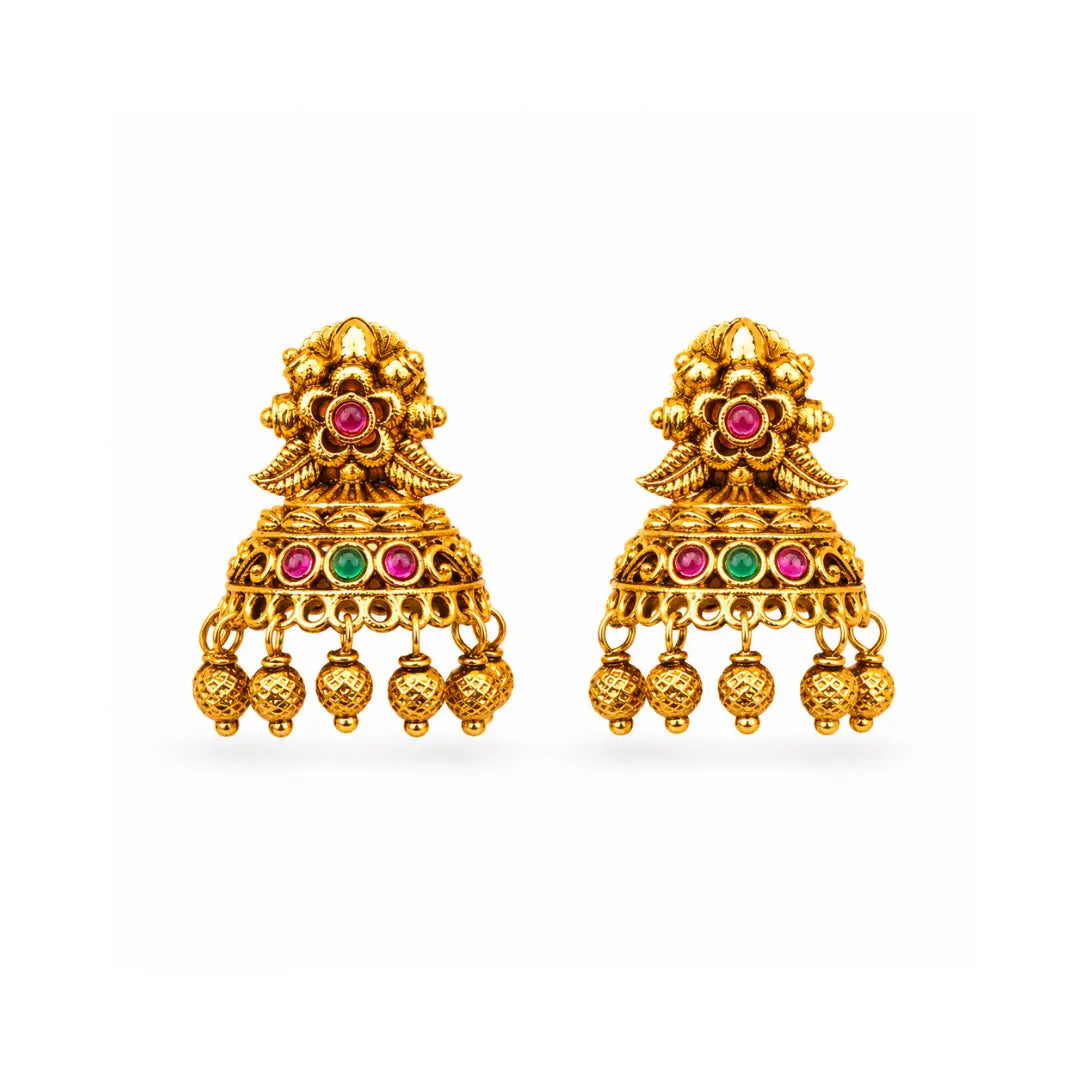 Antique Gold Plated Temple Jhumka with Floral Motif R-2263