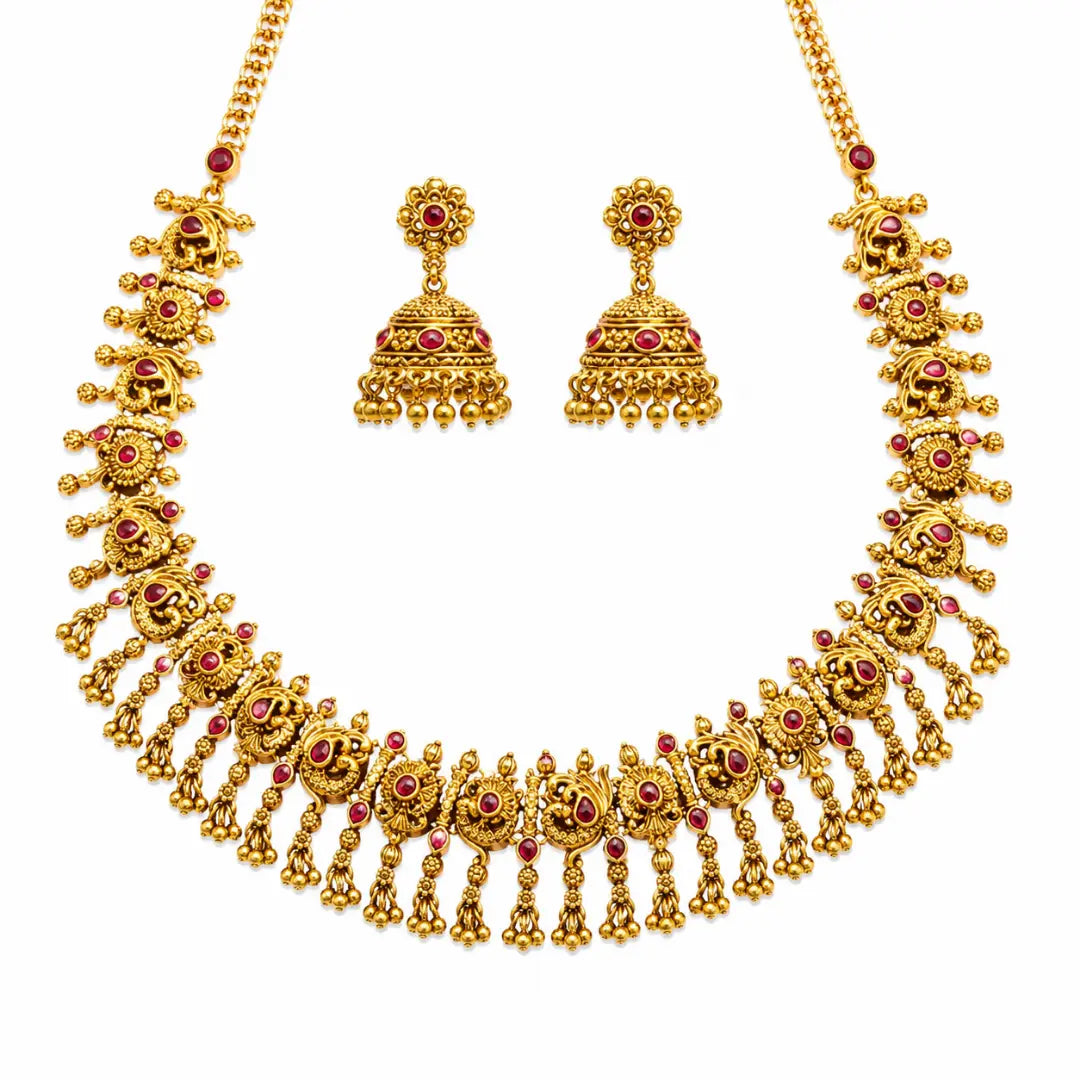 Kokila Pushpa Temple Jewellery Short Necklace Set with Floral Motifs K-1854