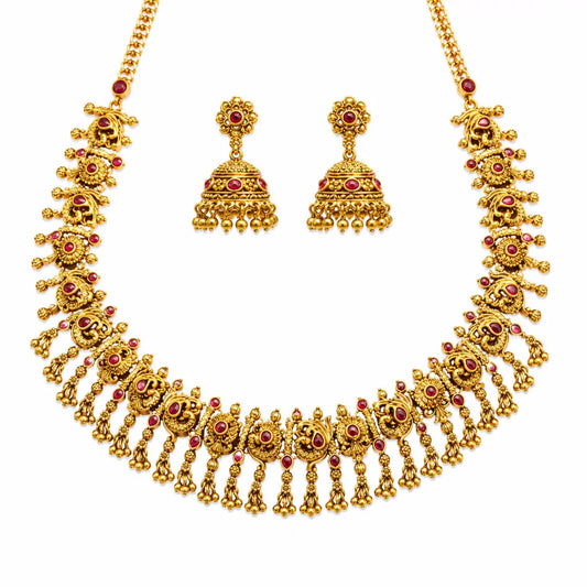 Kokila Pushpa Temple Jewellery Short Necklace Set with Floral Motifs K-1854