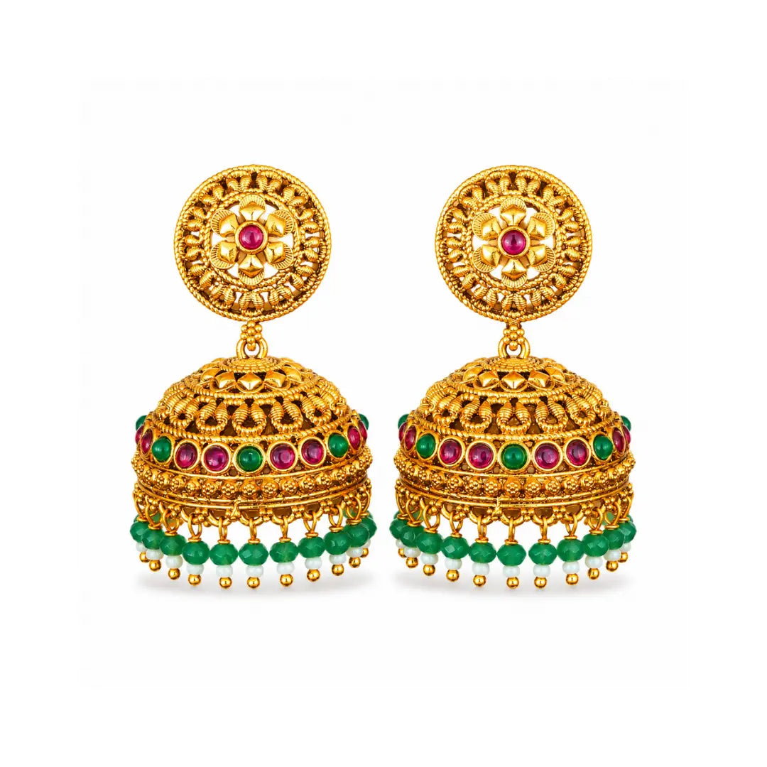 Antique Gold Look Jhumkas with Pink Detailing & Green Beads R-2232