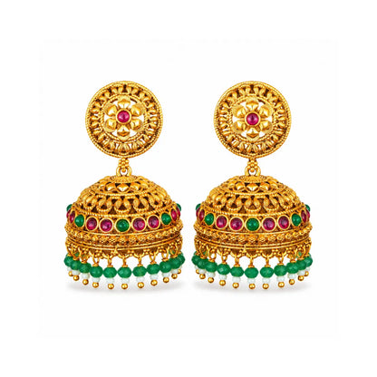 Antique Gold Look Jhumkas with Pink Detailing & Green Beads R-2232