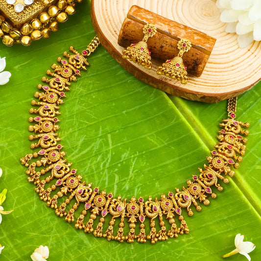 Kokila Pushpa Temple Jewellery Short Necklace Set with Floral Motifs