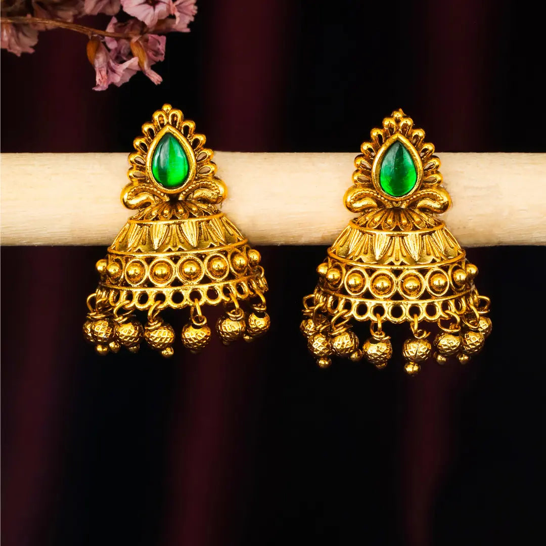 Antique Gold Plated Jhumka with Red Stone Detailing V-1663