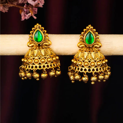Antique Gold Plated Jhumka with Red Stone Detailing V-1663
