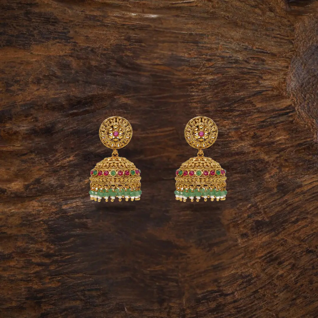 Antique Gold Look Jhumkas with Pink Detailing & Green Beads R-2232