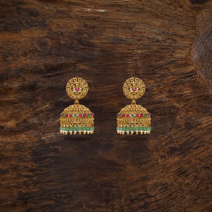 Antique Gold Look Jhumkas with Pink Detailing & Green Beads R-2232
