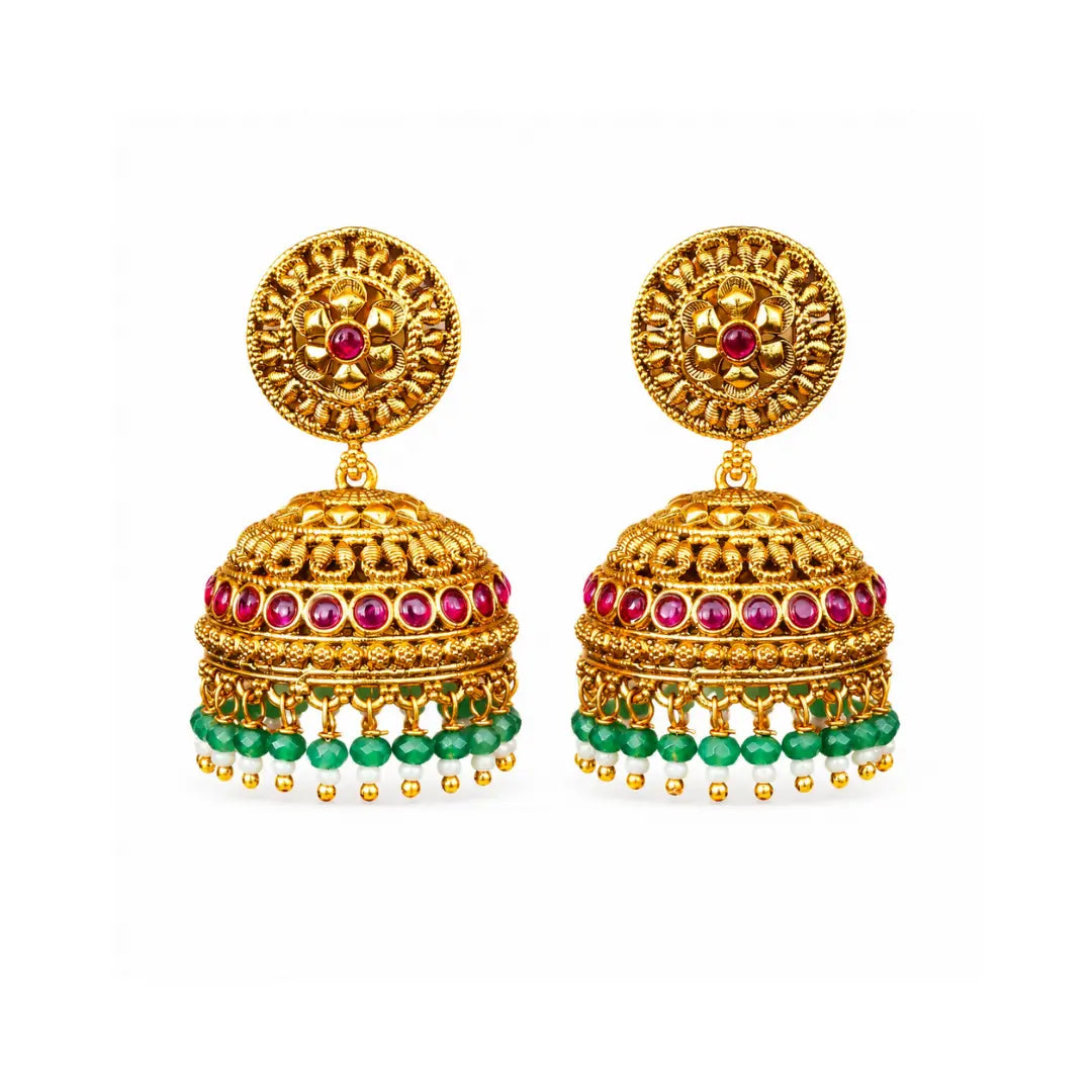 Antique Gold Look Jhumkas with Pink Detailing & Green Beads R-2232