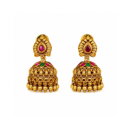 Lightweight Minimal Temple Jhumka – Gold-Plated Ruby Work R-2348