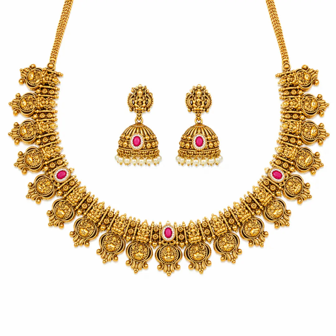Shri Devi Pada Temple Jewellery Short Necklace Set with Motif Work J-941