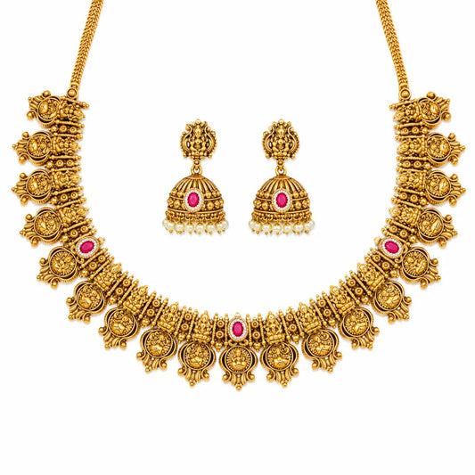 Shri Devi Pada Temple Jewellery Short Necklace Set with Motif Work J-941