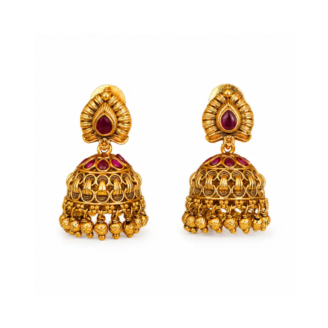 Lightweight Minimal Temple Jhumka – Gold-Plated Ruby Work R-2348