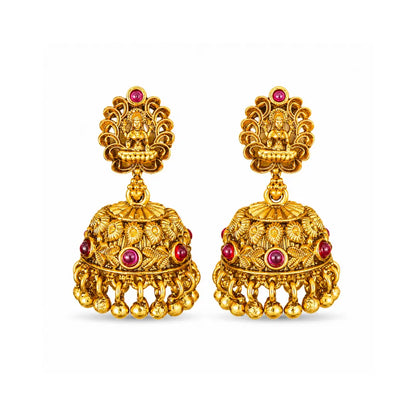 Antique Temple Jhumka Earrings with Pink Stone Accents R-1243