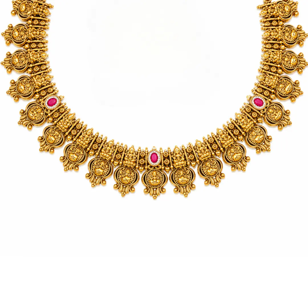Shri Devi Pada Temple Jewellery Short Necklace Set with Motif Work J-941